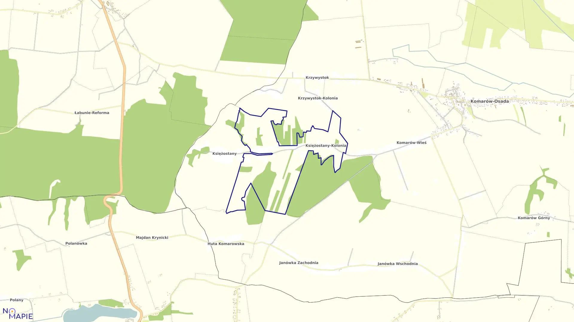 Mapa obrębu Kolonia Księżostany w gminie Komarów-Osada