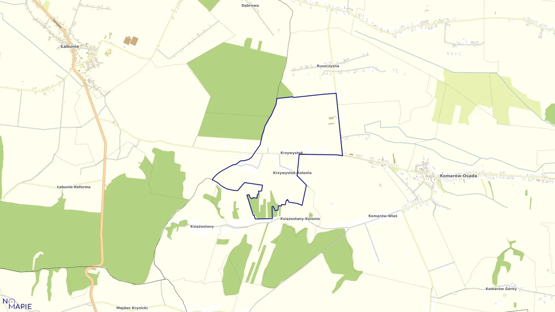 Mapa obrębu Krzywystok w gminie Komarów-Osada